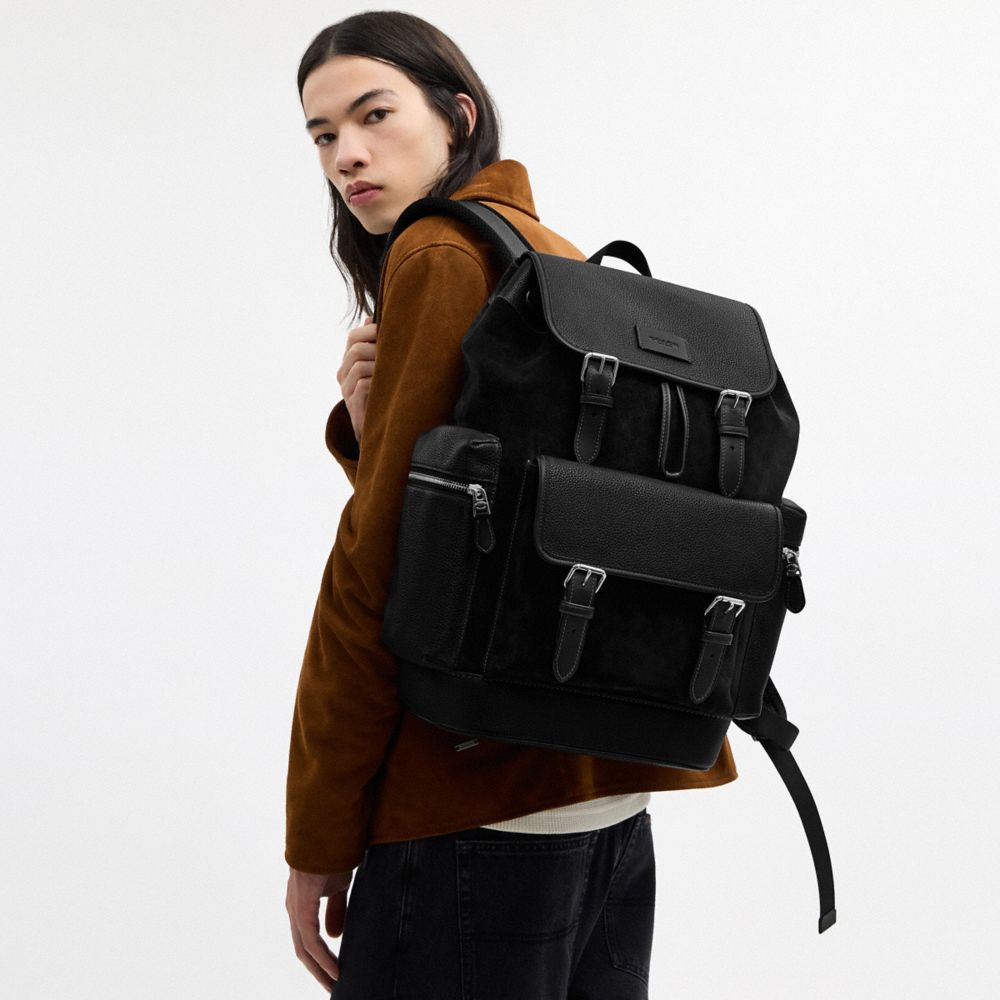 COACH®,Sprint Backpack,Calfskin Leather,Leather,Suede,Backpack,Metal,Adjustable,Suitcase Sleeve,Lined,Casual,,Detail View