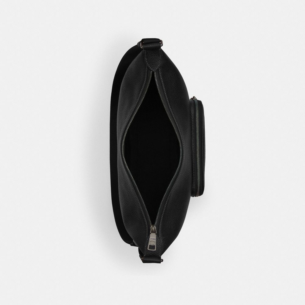 COACH®,Finn Crossbody Bag With Pockets,Leather,Messenger Bag,Lined,Adjustable,Silver Metal,Casual,Black,Inside View,Top View