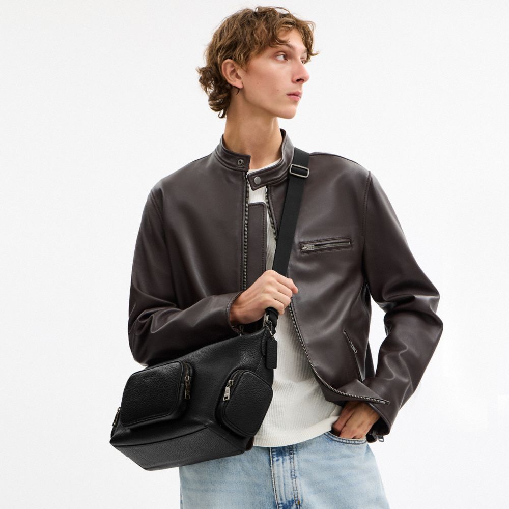 COACH®,Finn Crossbody Bag With Pockets,Leather,Messenger Bag,Lined,Adjustable,Silver Metal,Casual,Black,Detail View