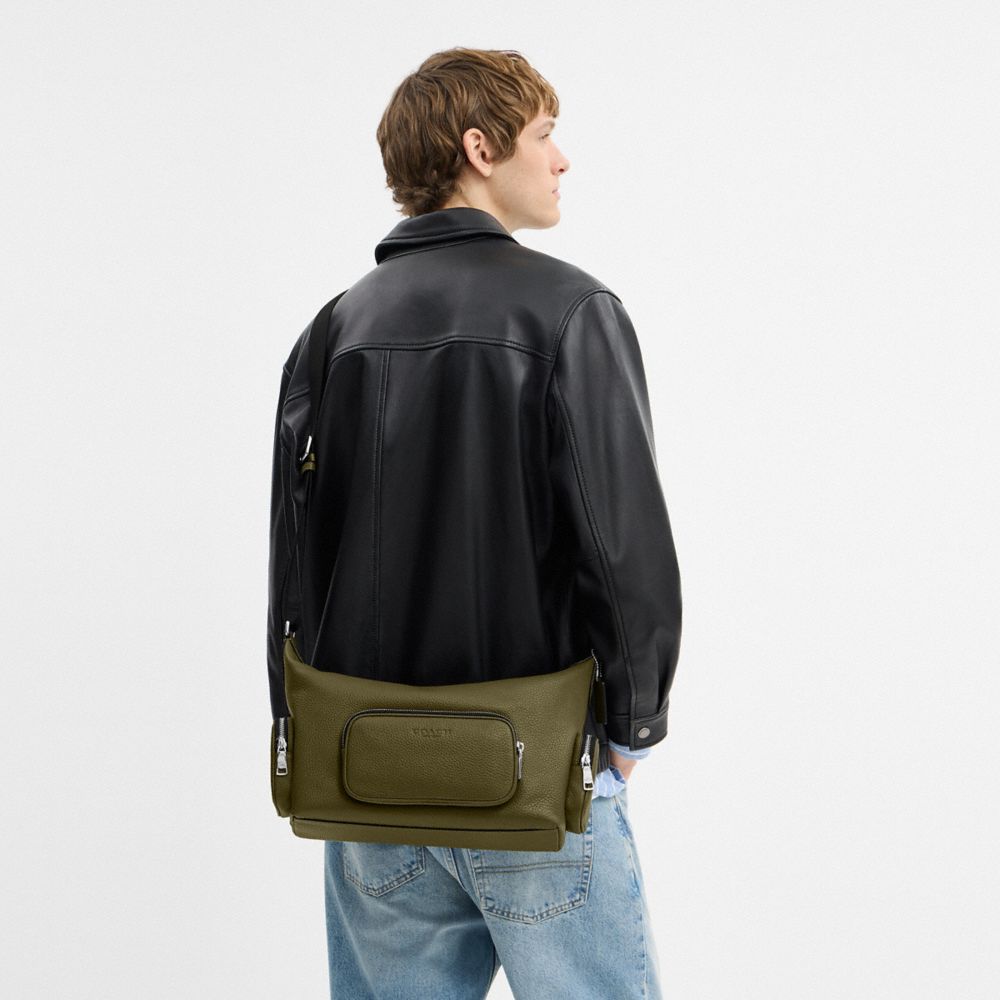 COACH®,Finn Crossbody Bag With Pockets,Leather,Messenger Bag,Lined,Adjustable,Silver Metal,Casual,Olive,Detail View