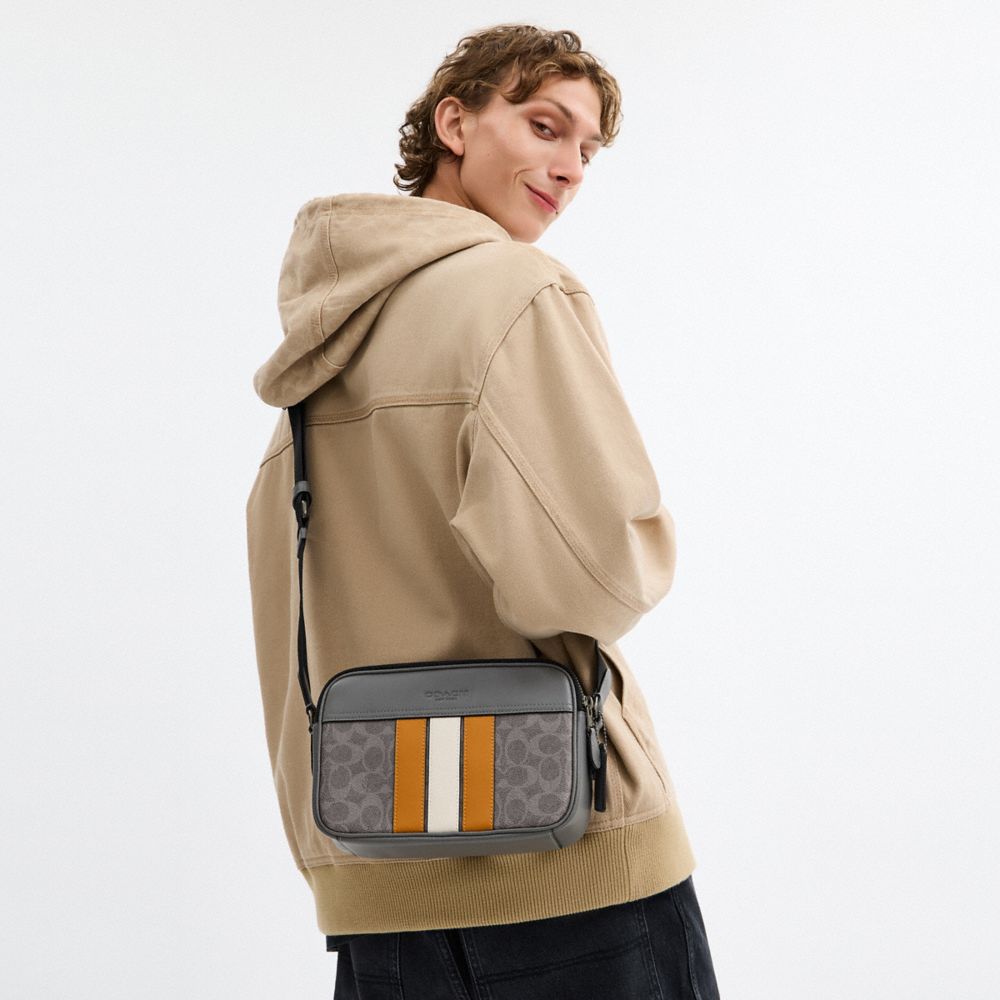 COACH®,Graham Crossbody Bag In Signature Canvas With Varsity Stripe,Gray,Detail View