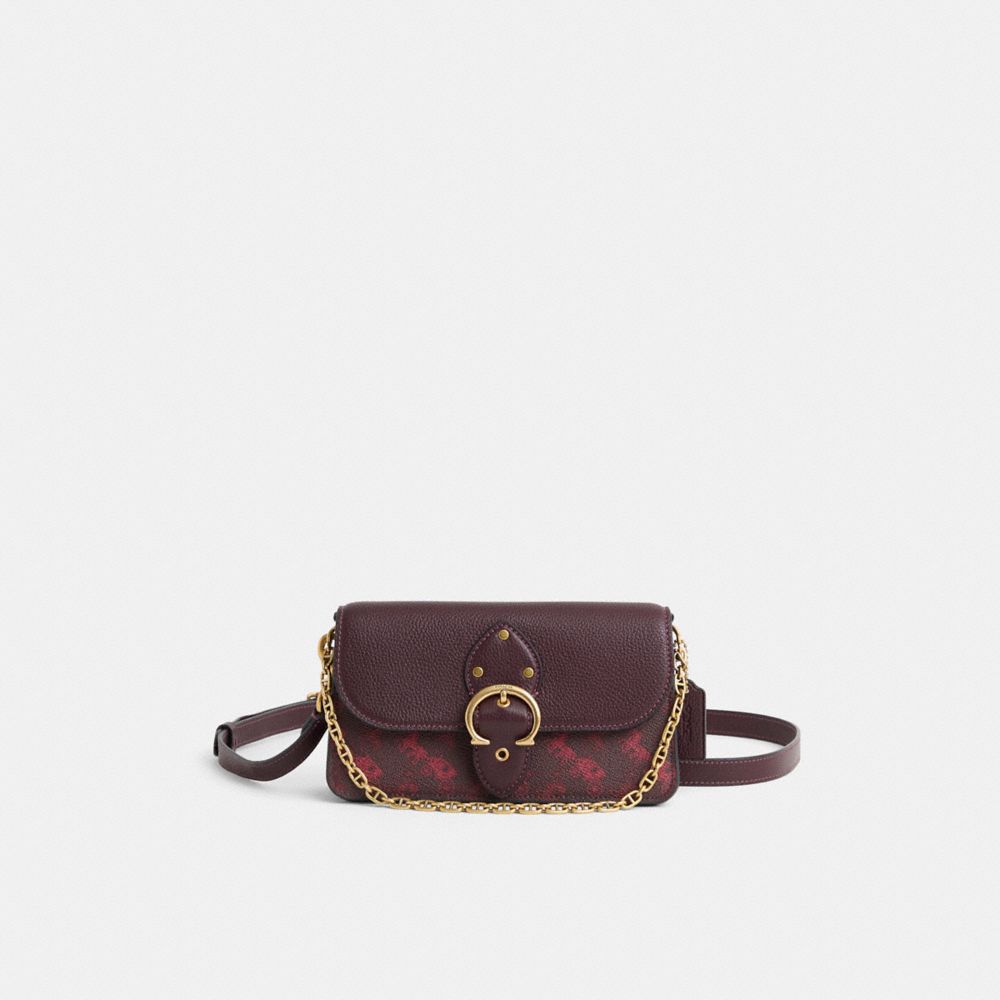 Coach Restored Beat Crossbody Clutch With Horse And Carriage Print In Brass/oxblood Cranberry