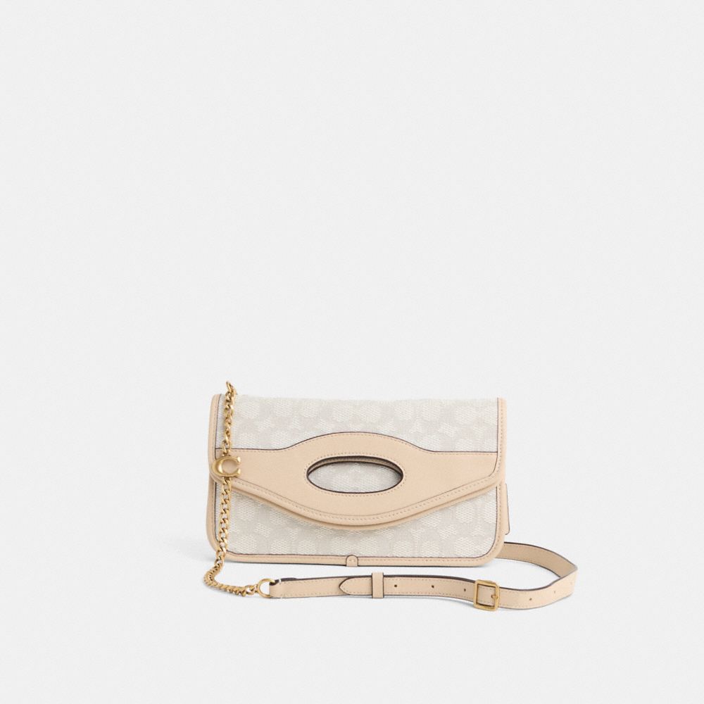 Coach Restored Foldover Cut Out Clutch Crossbody In Signature Jacquard In Brass/chalk Ivory