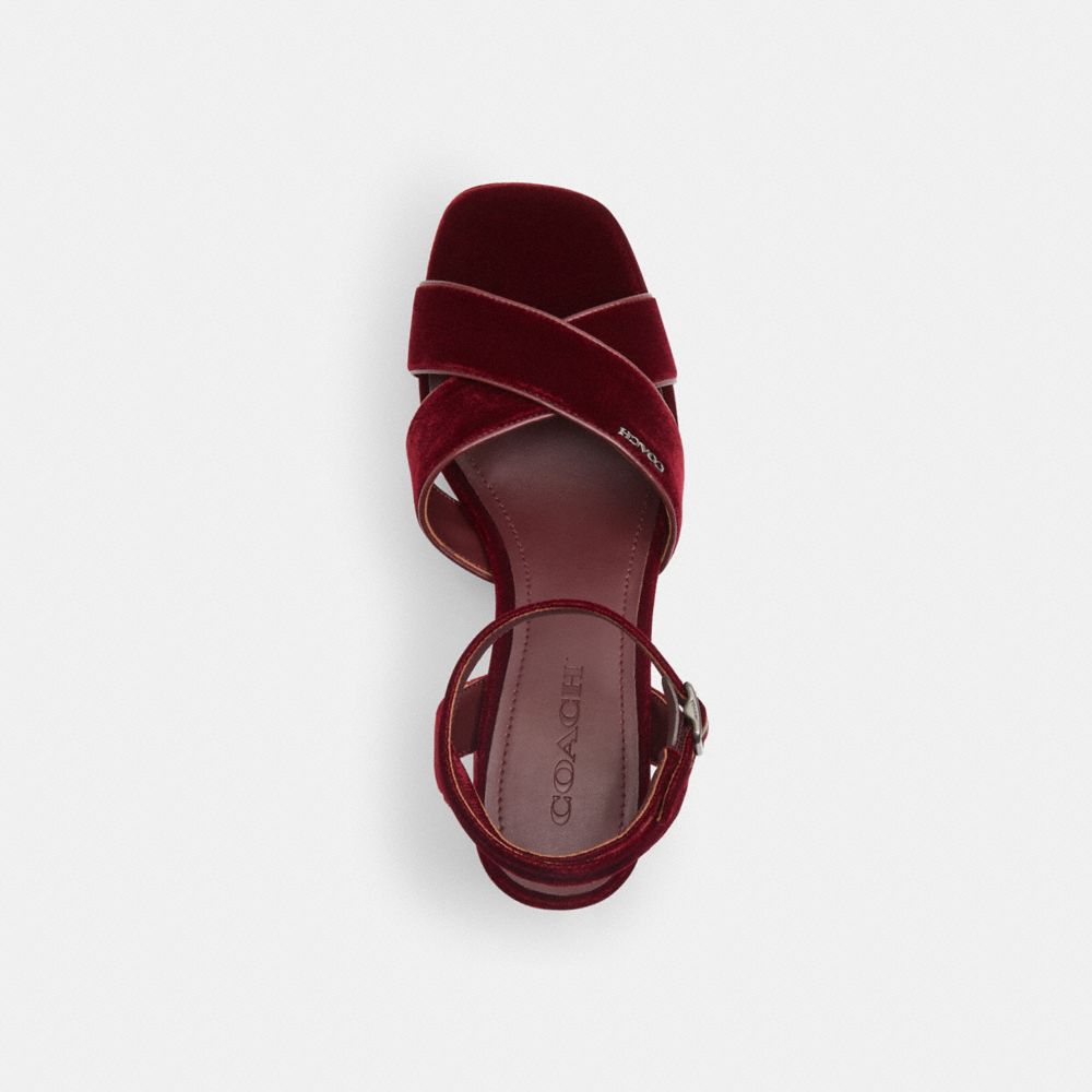 COACH®,Block Heel Sandal,Rubber,Faux Leather,Velvet,Vegan Leather,Sandals,Piping,Cocktail,Maroon,Inside View,Top View