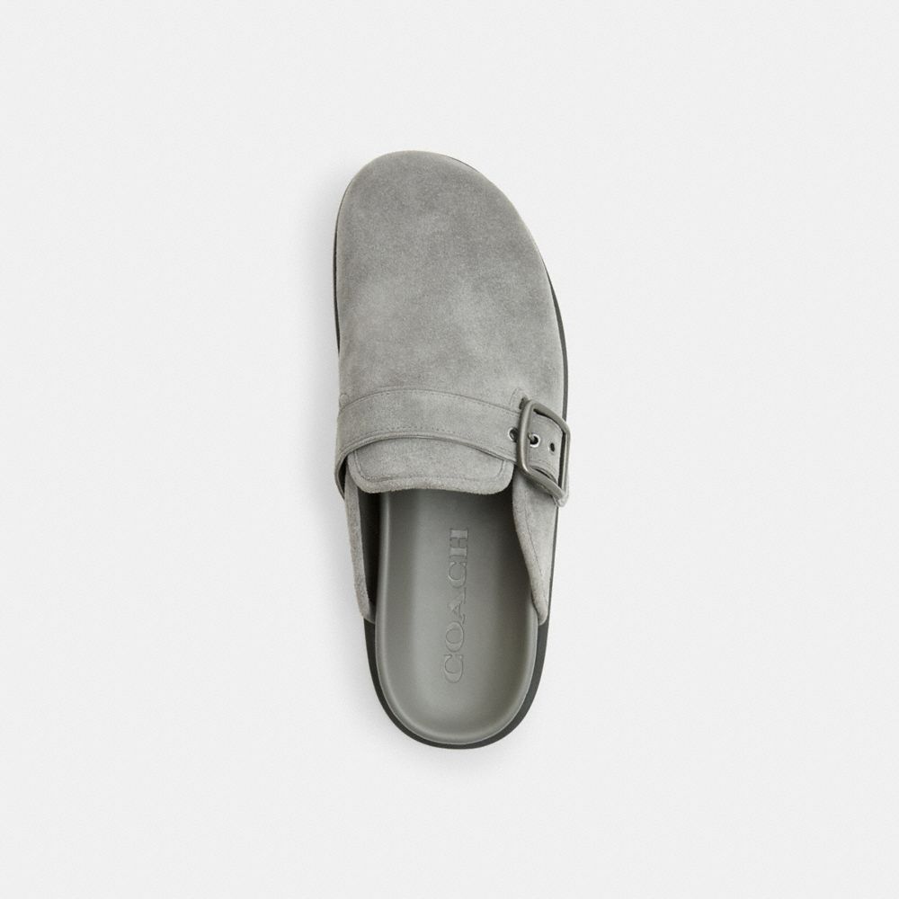 COACH®,Buckle Clog,Rubber,Suede,Leather,Clogs,Traction,Arch Support,Gunmetal,Casual,Gray,Inside View,Top View