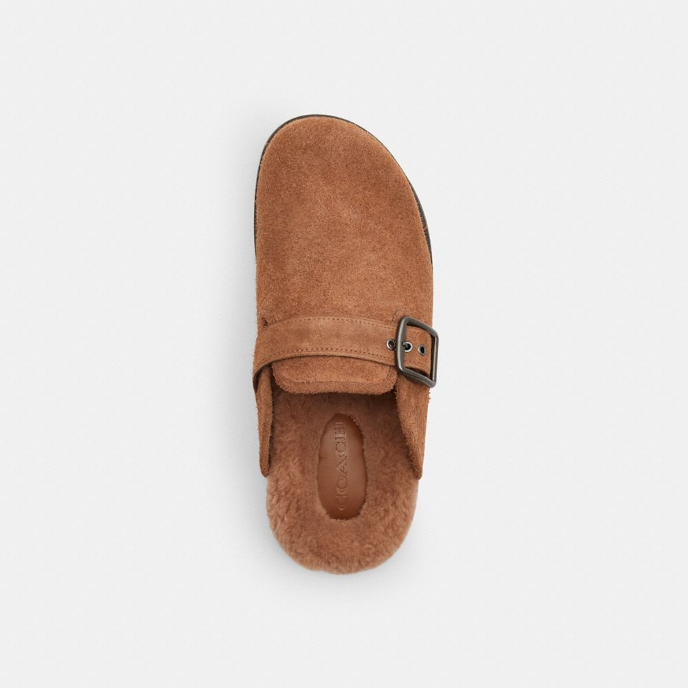 COACH®,Buckle Clog,Rubber,Shearling,Suede,Clogs,Casual,Brown,Inside View,Top View