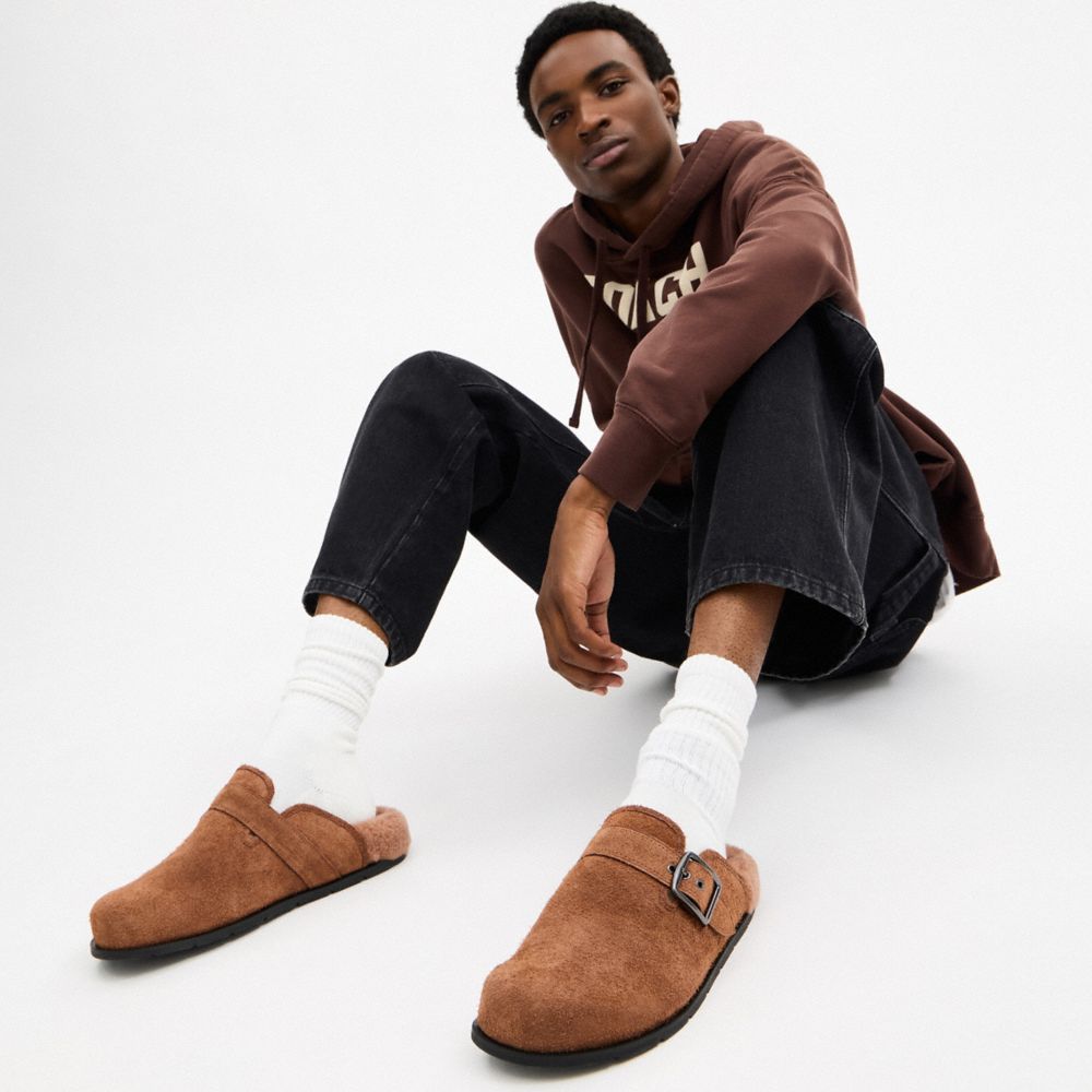 COACH®,Buckle Clog,Rubber,Shearling,Suede,Clogs,Casual,Brown,Detail View