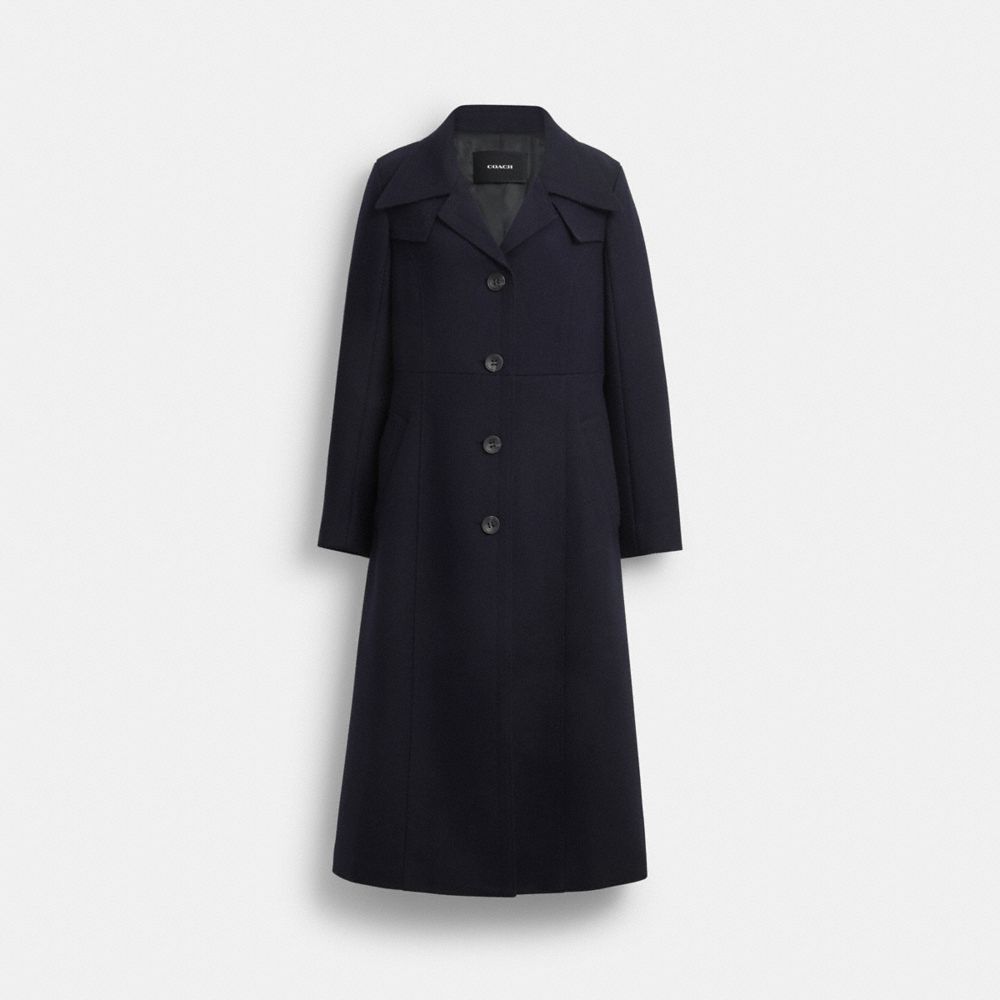 Coach Long Wool Trench Coat In Blue