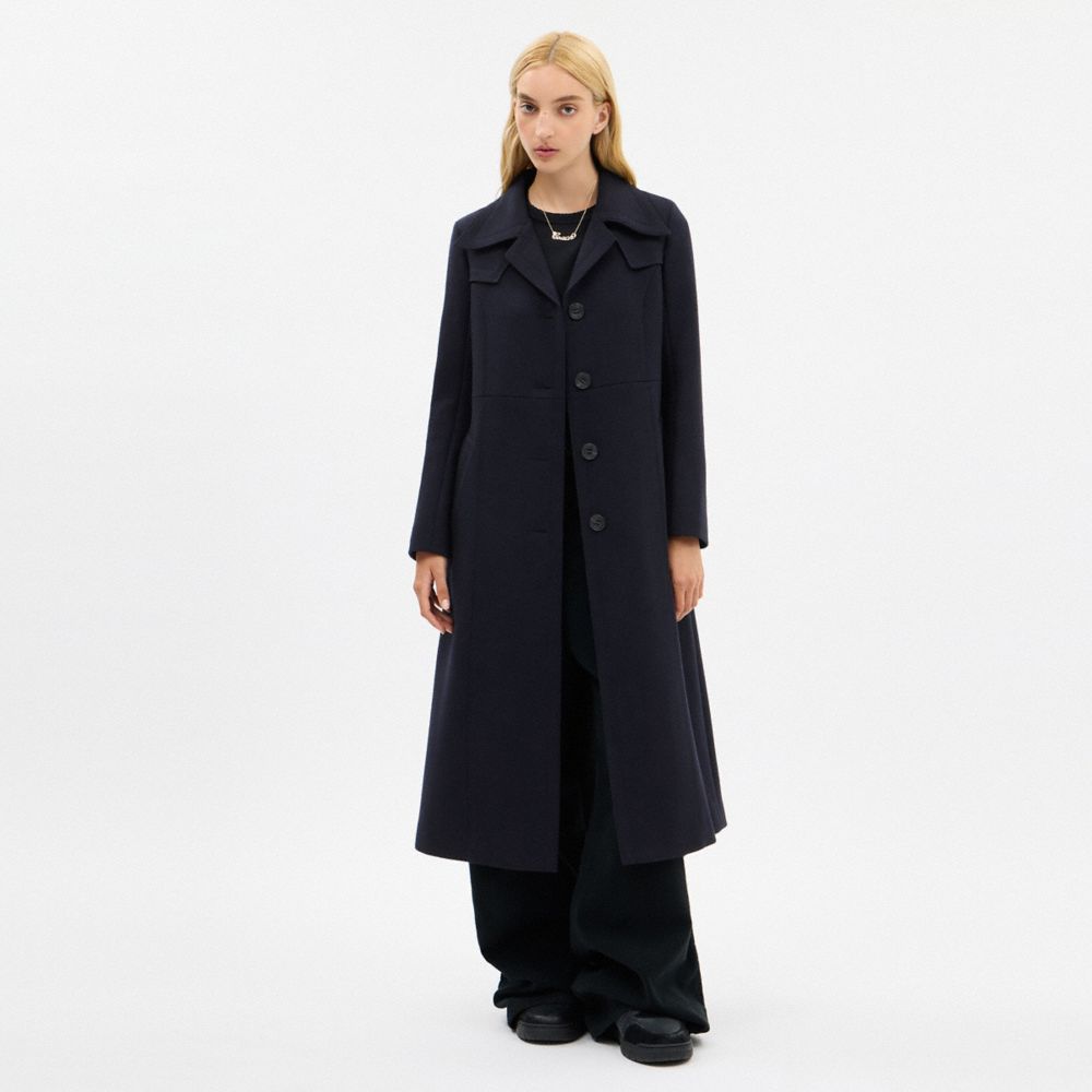 Coach Long Wool Trench Coat In Blue