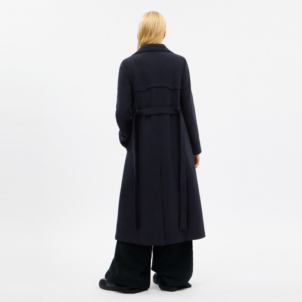 Coach Long Wool Trench Coat In Blue
