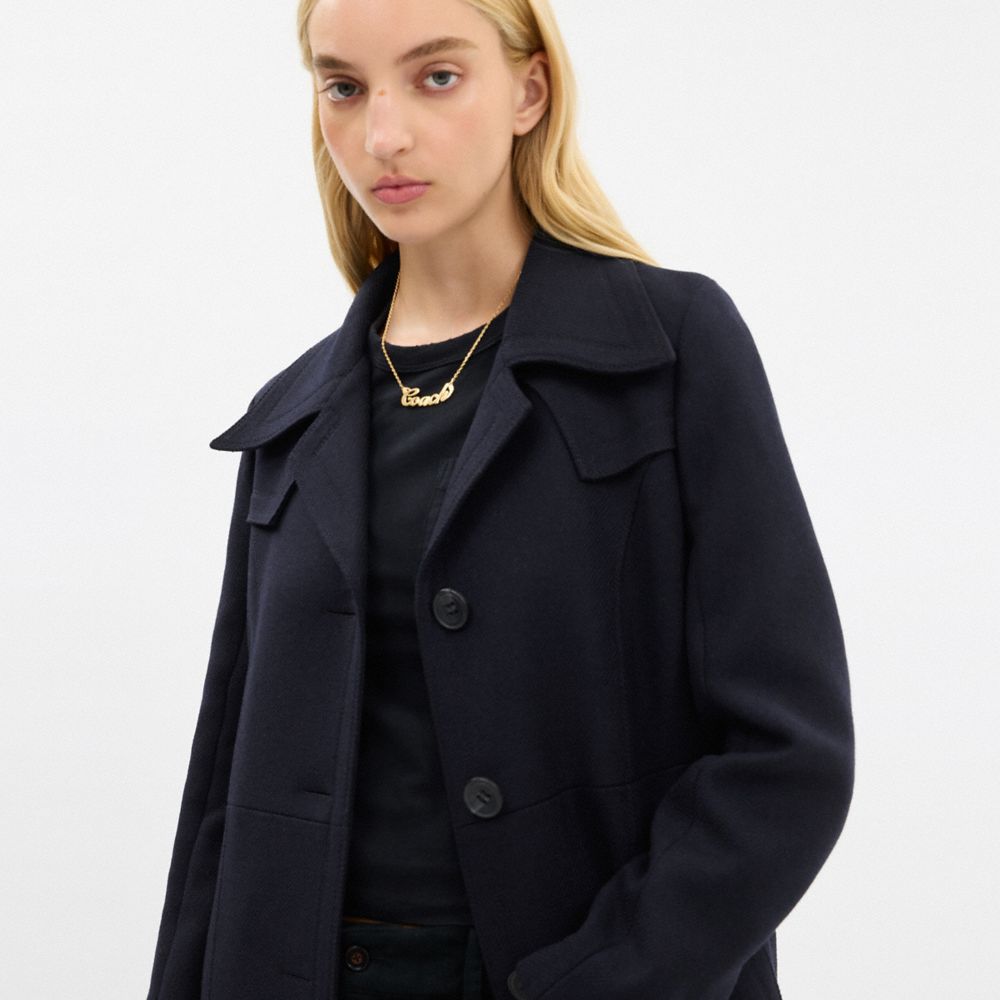 Coach Long Wool Trench Coat In Blue