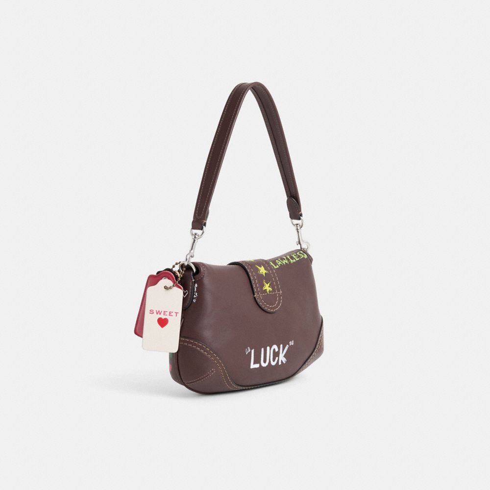 COACH®,Upcrafted Soho Flap Bag In Regenerative Leather,Leather,Shoulder Bag,Applique,Embossed,Logo,Sustainable,Silver Meta...,Brown,Angle View