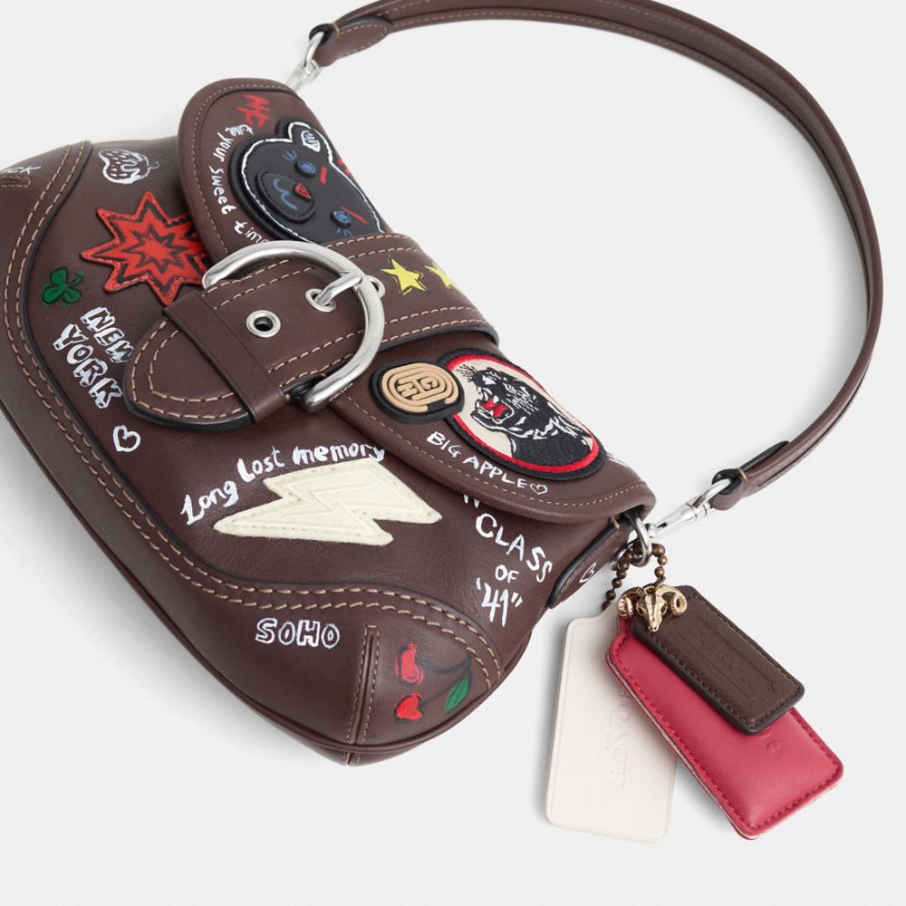 COACH®,Upcrafted Soho Flap Bag In Regenerative Leather,Leather,Shoulder Bag,Applique,Embossed,Logo,Sustainable,Silver Meta...,Brown,Closer View