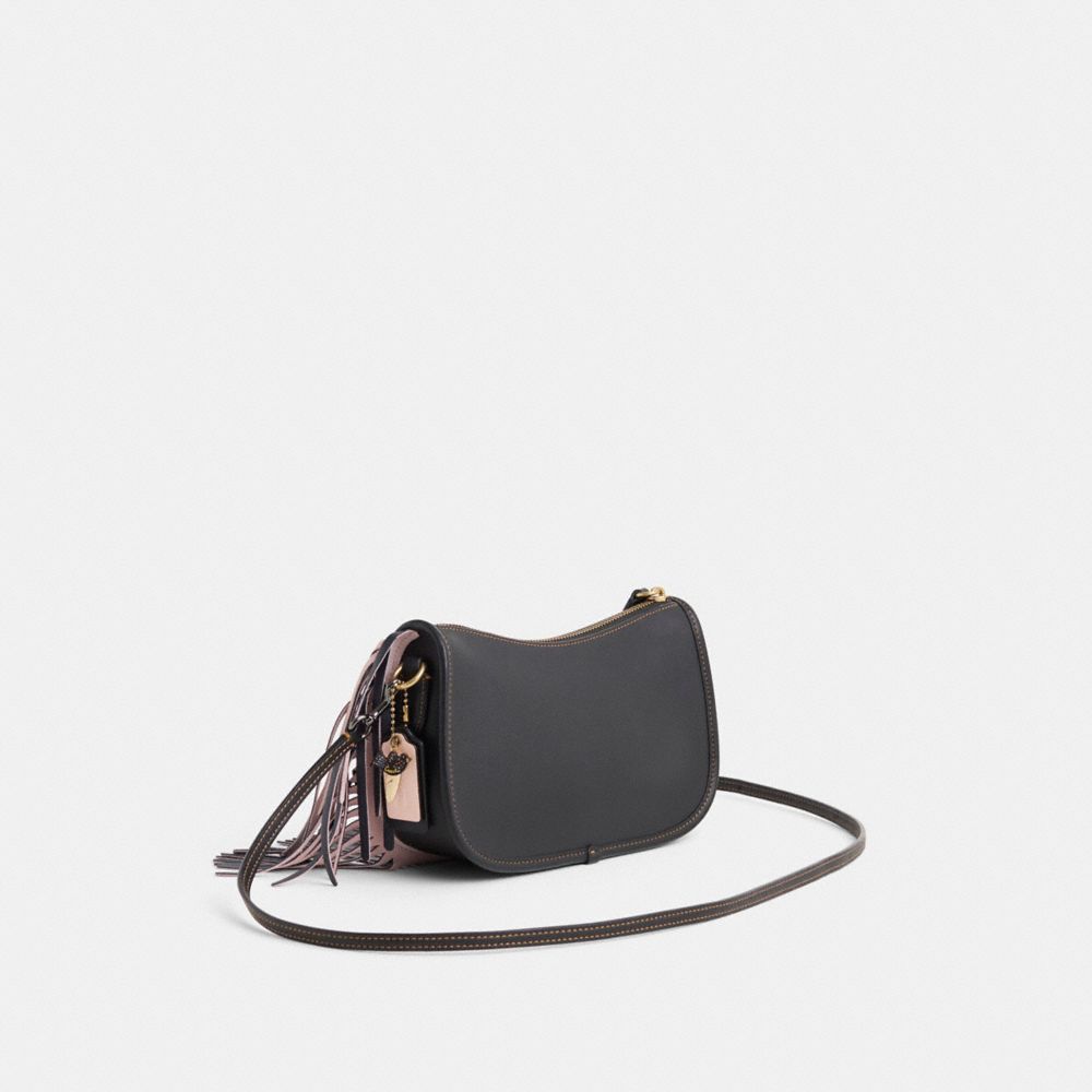 COACH®,Upcrafted Swinger Bag,Leather,Shoulder Bag,Metal,Fringe,Embossed,Logo,Brass,Casual,Black,Angle View