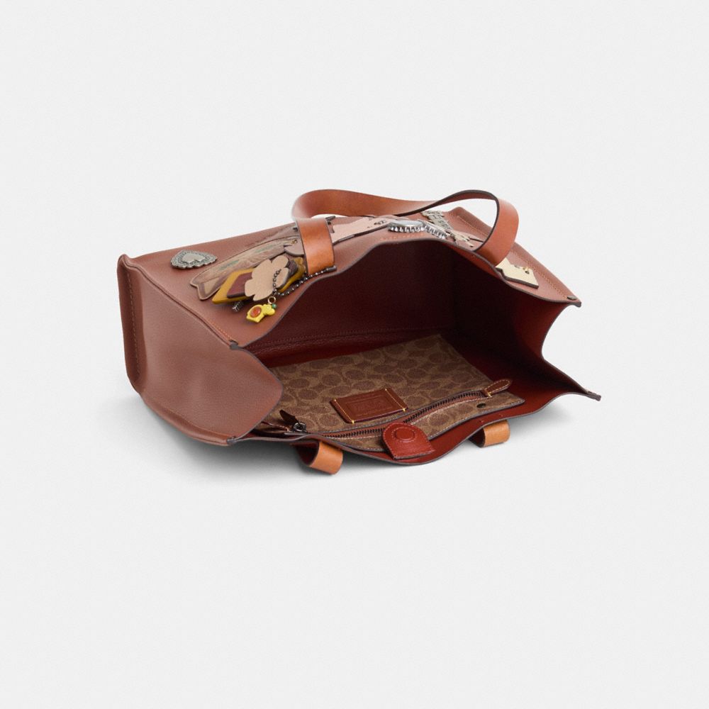 COACH®,Upcrafted Relay Tote Bag 34,Leather,Tote,Plastic,Applique,Metal,Studded,Casual,Brown,Inside View,Top View
