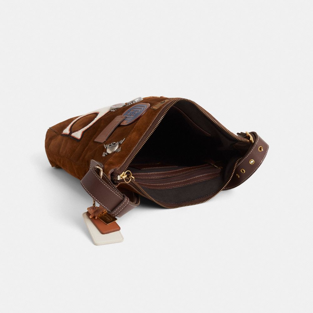 COACH®,Upcrafted Vintage Medium Slim Duffle Sac,Suede,Shoulder Bag,Applique,Metal,Adjustable,Brass,Casual,Brown,Inside View,Top View