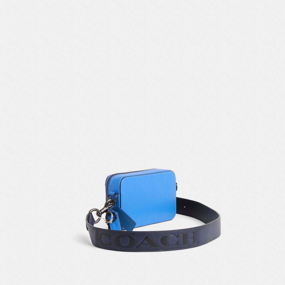 COACH®,Upcrafted Charter Slim Crossbody,Card Case,Coin,Crossbody,Applique,Logo,Embossed,Metal,Casual,Black,Blue,Angle View