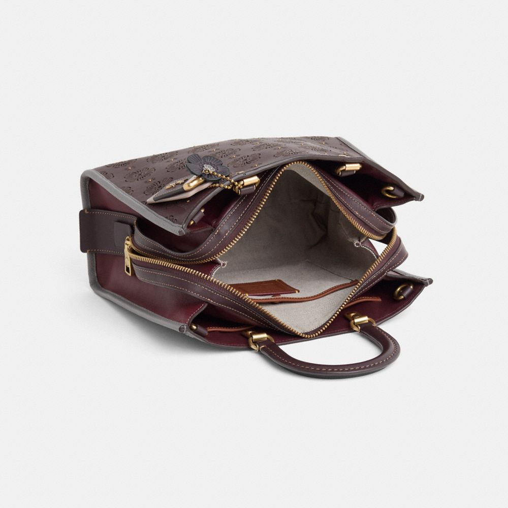 COACH®,Upcrafted Rogue Bag In Colorblock,Leather,Satchel,Perforated,Studded,Metal,Color Block,Logo,Brass,Work,Casual,Purple,Inside View,Top View