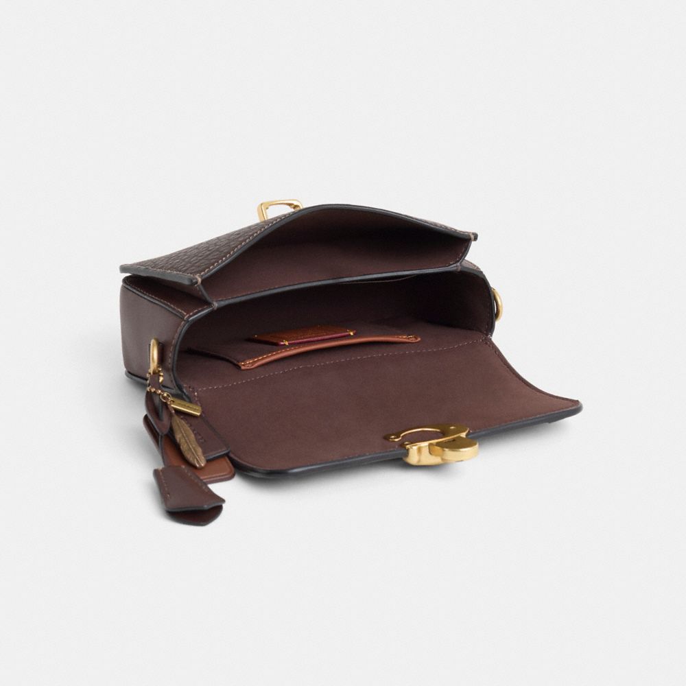 COACH®,Upcrafted Studio Bag 20,Leather,Crossbody,Logo,Metal,Patchwork,Embossed,Brass,Day Party,Brown,Inside View,Top View