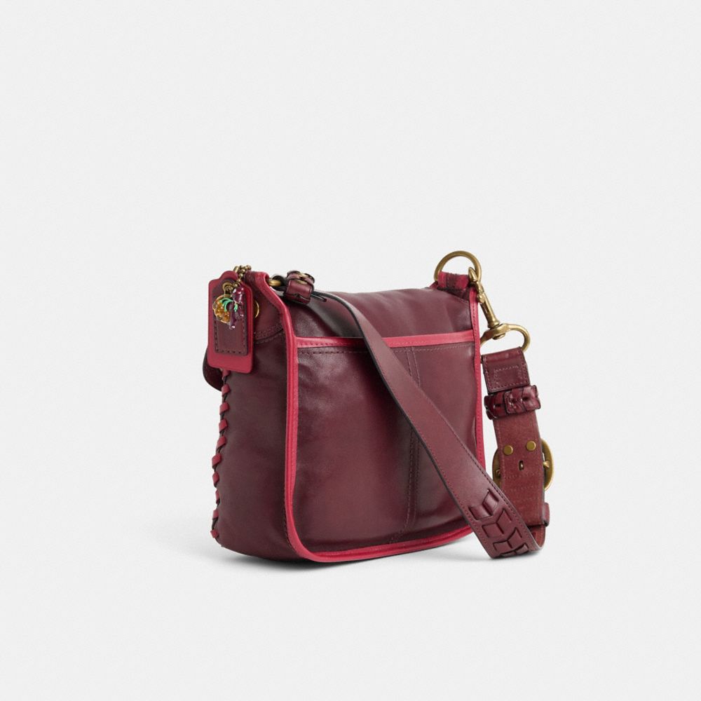 COACH®,Upcrafted Bleecker Large Flap Bag,Calfskin Leather,Shoulder Bag,Embossed,3D Embellishment,Whipstitch,Logo,Brass,Casual,Maroon,Angle View