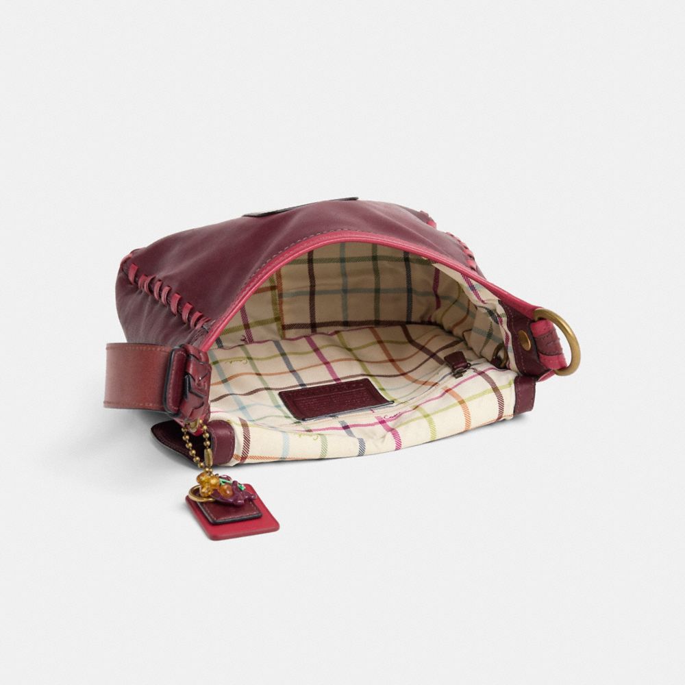 COACH®,Upcrafted Bleecker Large Flap Bag,Calfskin Leather,Shoulder Bag,Embossed,3D Embellishment,Whipstitch,Logo,Brass,Casual,Maroon,Inside View,Top View