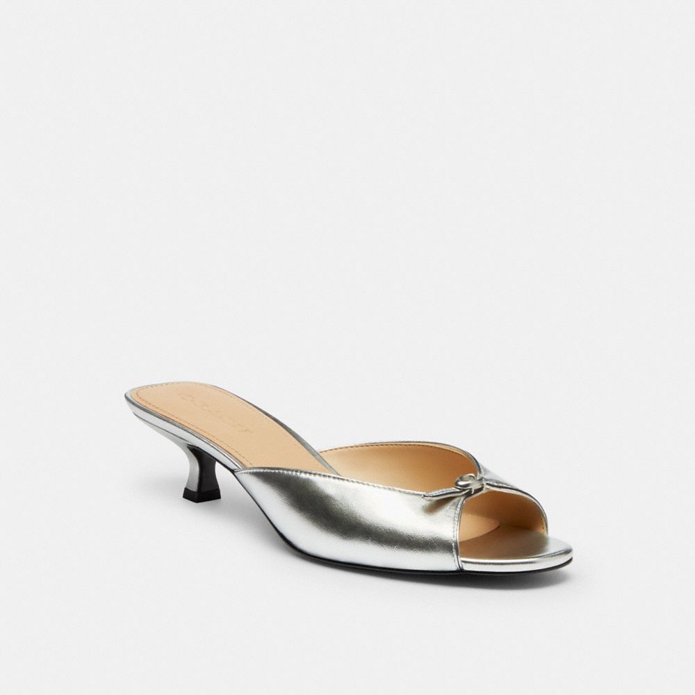 Coach Metallic Leather Kitten Heel Sandals Gold In Silver