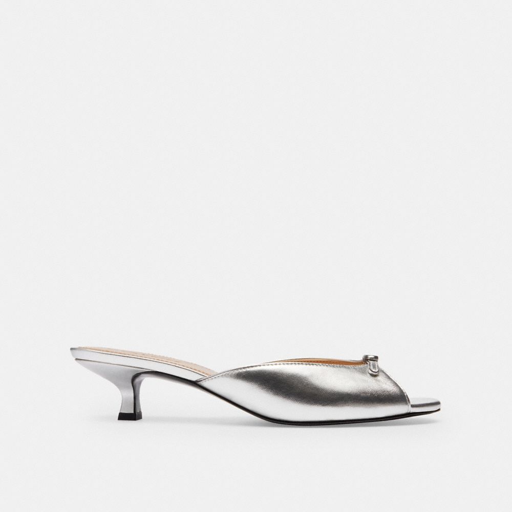Coach Metallic Leather Kitten Heel Sandals Gold In Silver
