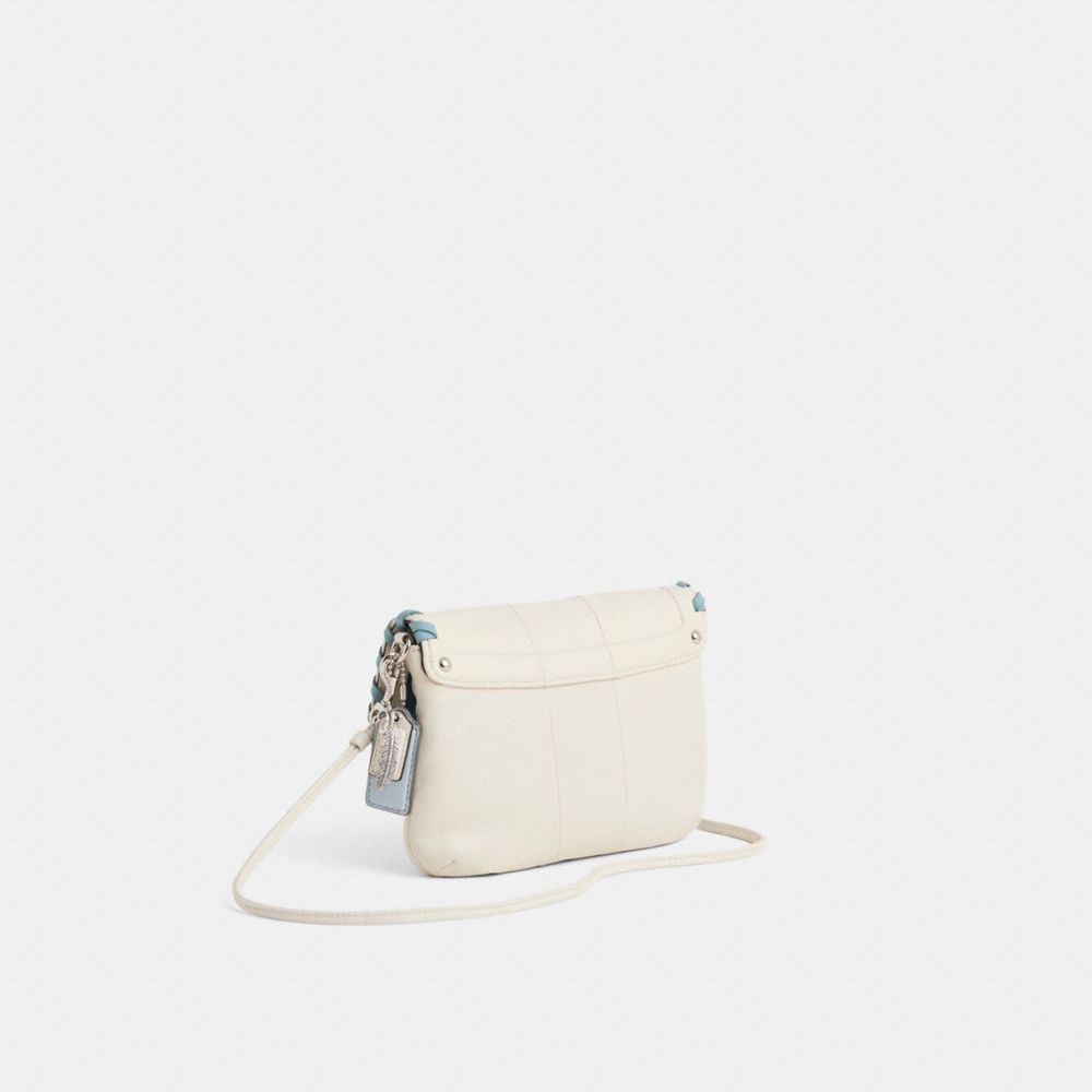 COACH®,Upcrafted Kristin Flap Crossbody,Leather,Crossbody,Logo,Embossed,Chain Detail,Whipstitch,Silver Metal,Day Party,Cream,Angle View