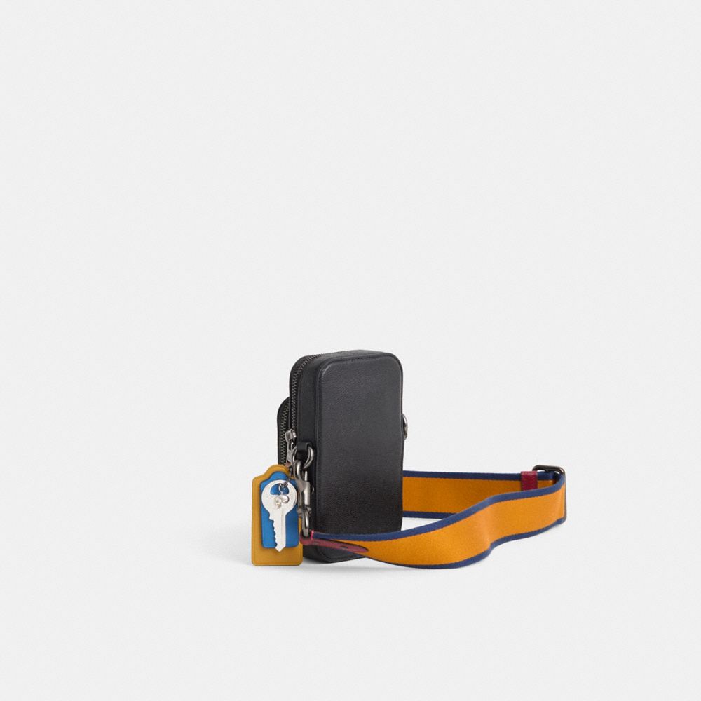 COACH®,Upcrafted Phone Crossbody,Leather,Crossbody,Plastic,Stripe,Logo,Scratch Resistant,Durable Fabric,Casual,Black,Angle View