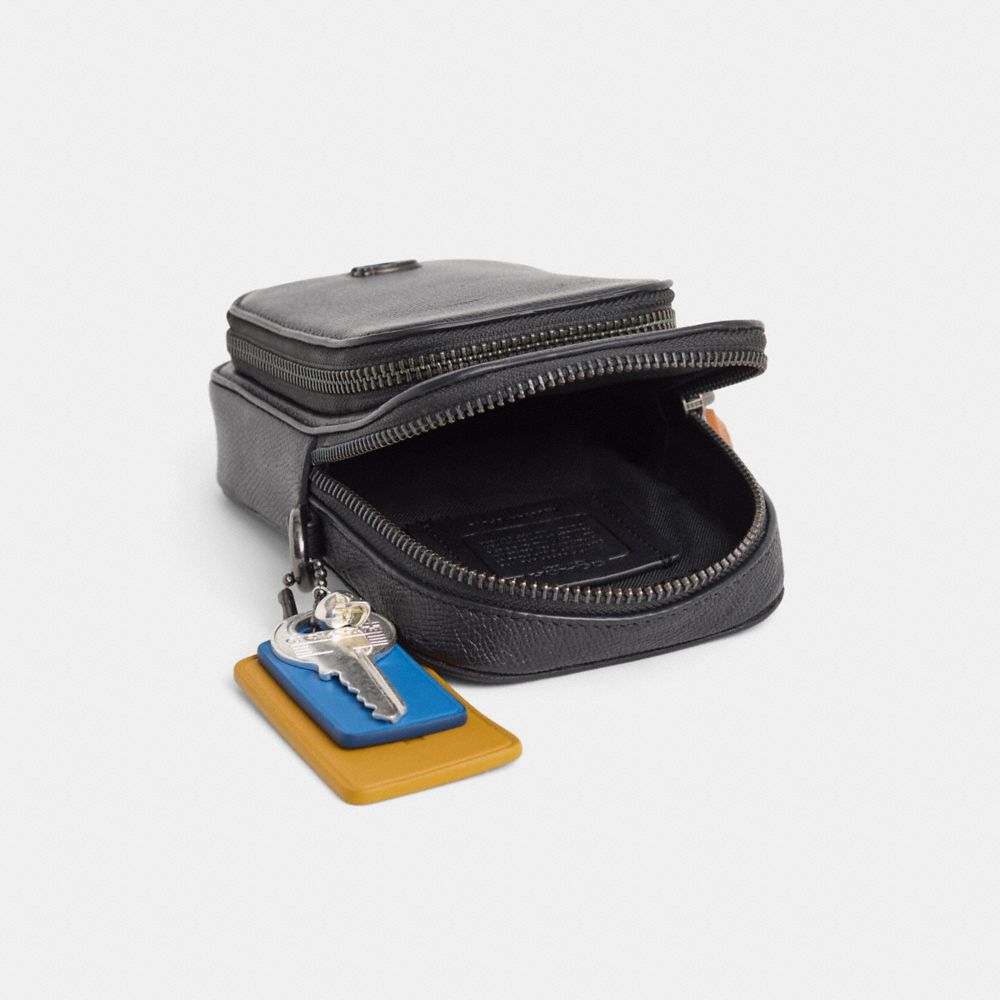 COACH®,Upcrafted Phone Crossbody,Leather,Crossbody,Plastic,Stripe,Logo,Scratch Resistant,Durable Fabric,Casual,Black,Inside View,Top View