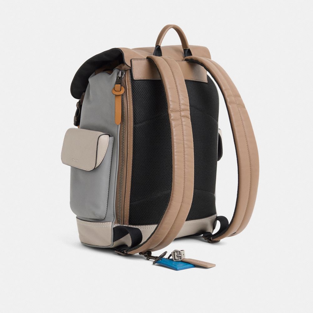 COACH®,Upcrafted Rivington Backpack In Colorblock With Coach Patch,Leather,Backpack,Plastic,Applique,Color Block,Logo,Stri...,Multi Color,Angle View