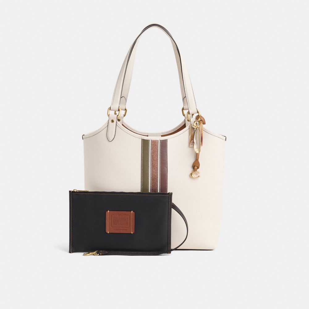 COACH®,Upcrafted Day Tote Bag,Tote,Pouch,Stripe,Logo,Metal,Applique,Day Party,Casual,Cream,Black,Angle View