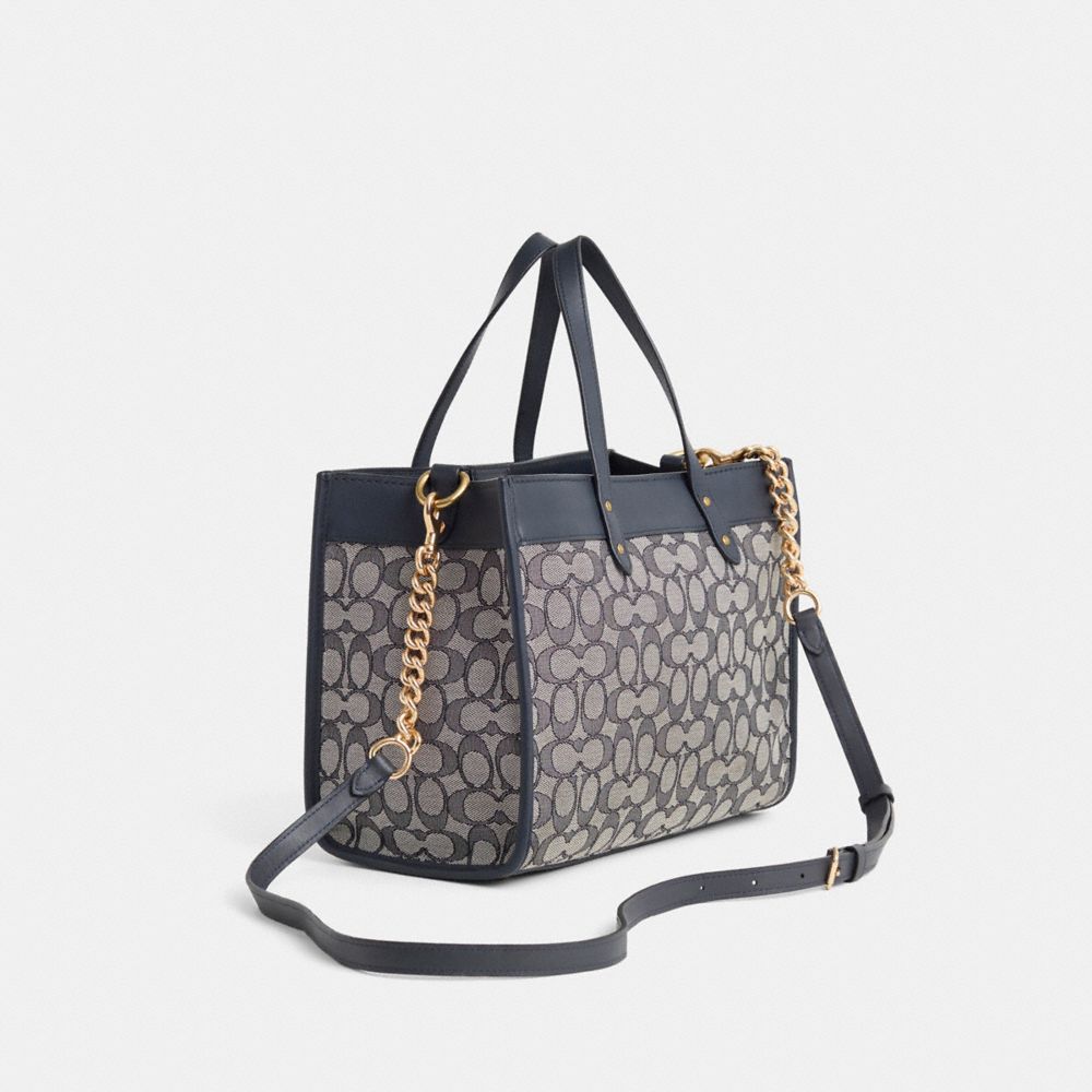 COACH®,Upcrafted Field Tote 30 In Signature Jacquard,Leather,Tote,Animal Skin Embossing,Pattern,Studded,Stripe,Chain Detai...,Multi Color,Angle View