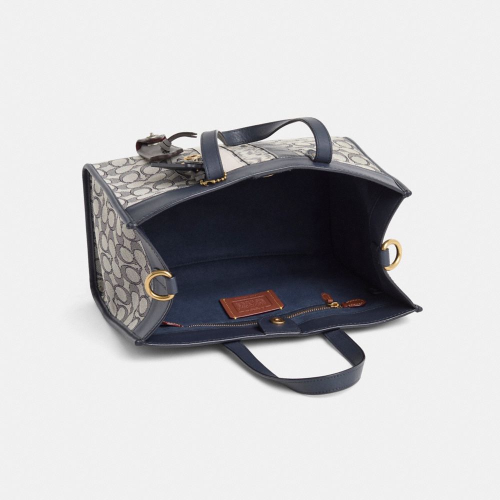 COACH®,Upcrafted Field Tote 30 In Signature Jacquard,Leather,Tote,Animal Skin Embossing,Pattern,Studded,Stripe,Chain Detai...,Multi Color,Inside View,Top View