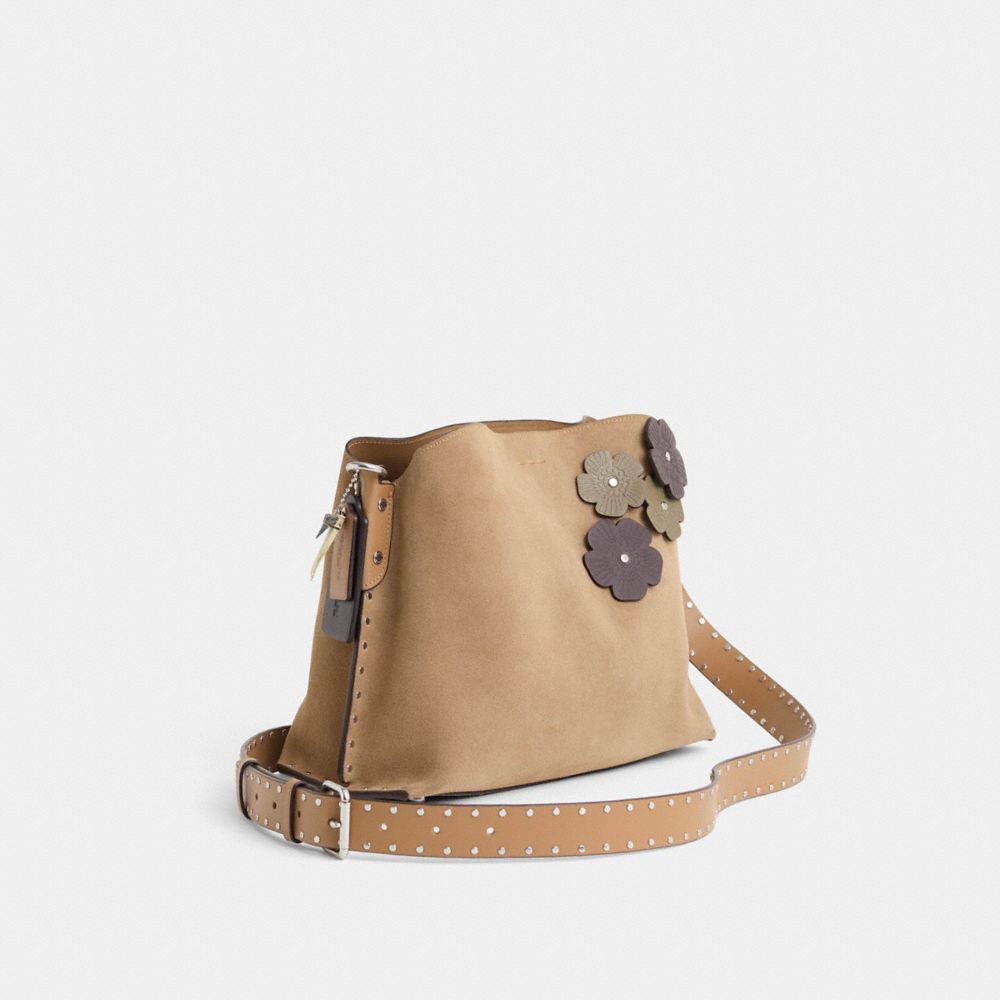 COACH®,Upcrafted Willow Shoulder Bag,Calfskin Leather,Suede,Shoulder Bag,Logo,Stripe,Studded,Embossed,3D Embellishment,Met...,Beige,Angle View