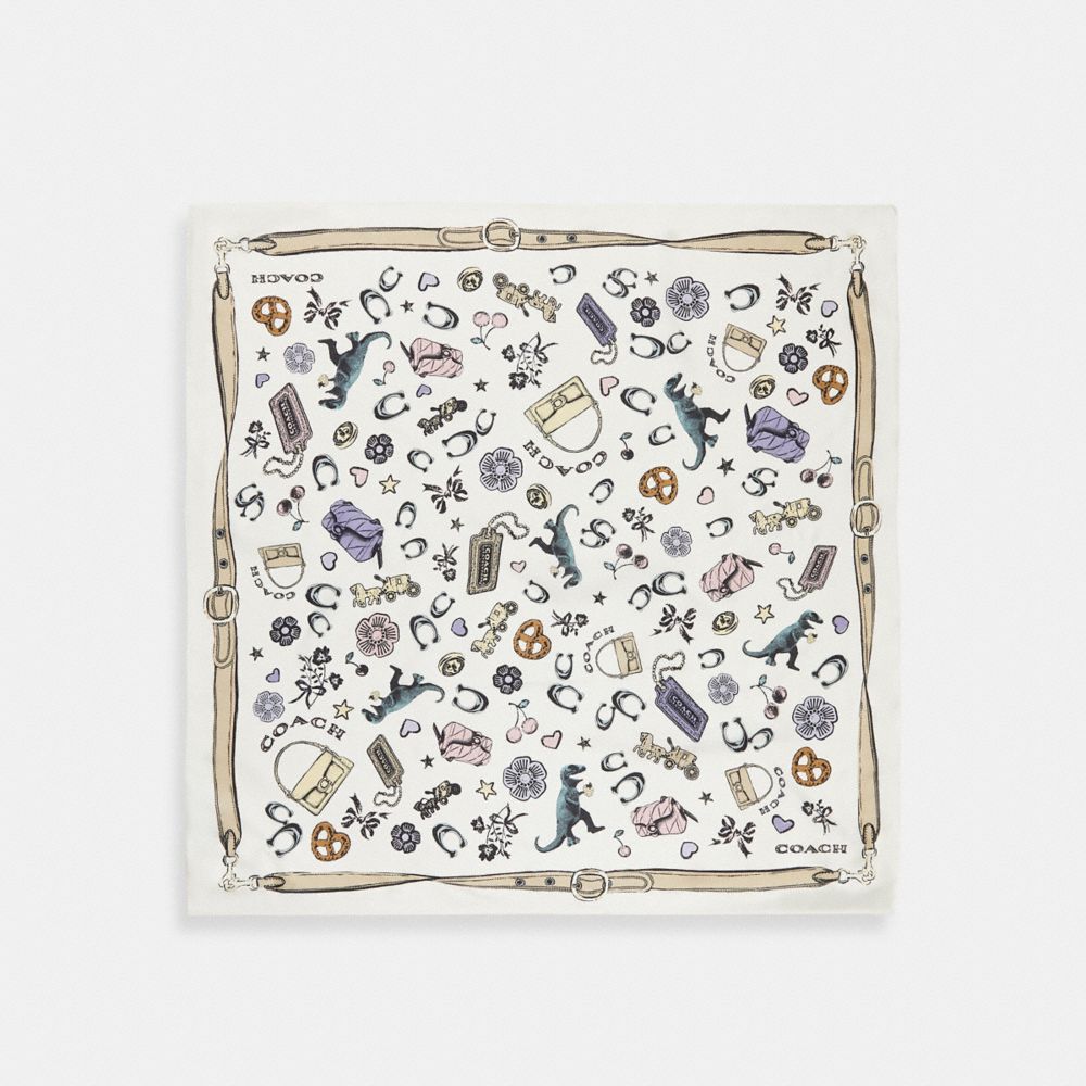 COACH®,Iconic Motifs Print Silk Square Scarf,Silk,Square,Logo,Casual,White,Front View