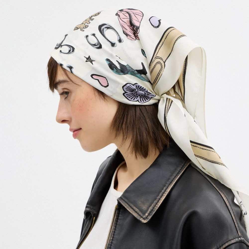 COACH®,Iconic Motifs Print Silk Square Scarf,Silk,Square,Logo,Casual,White,Detail View