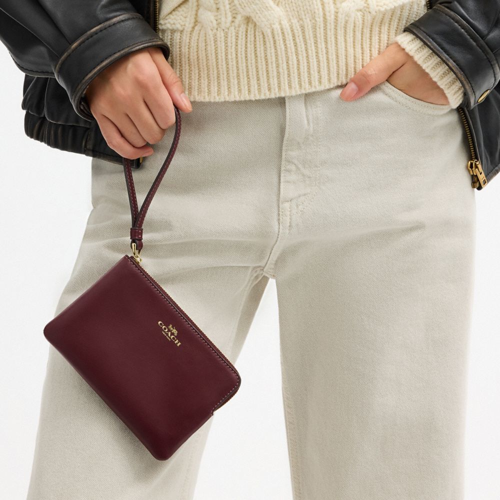 COACH®,Corner Zip Wristlet,Leather,Pouch,Wristlet,Metal,Casual,Brown,Detail View