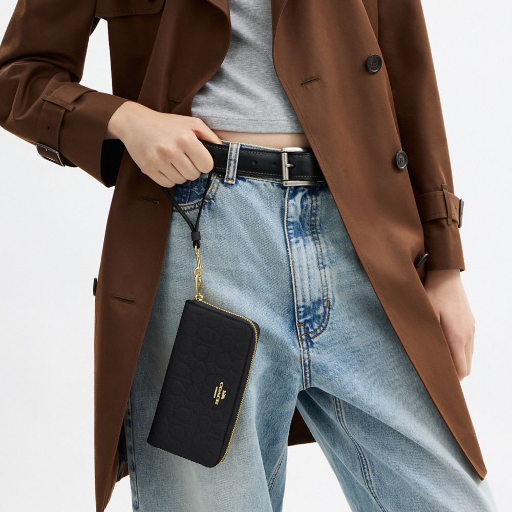 COACH®,Long Zip Around Wallet In Signature Leather,Leather,Continental,Wristlet,Metal,Pattern,Logo,Casual,Black,Detail View