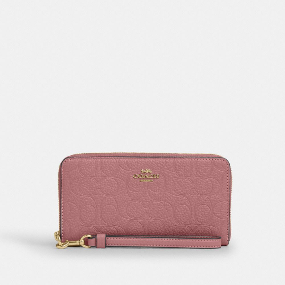 COACH®,Long Zip Around Wallet In Signature Leather,Leather,Wristlet,Continental,Metal,Logo,Pattern,Casual,Blush,Front View