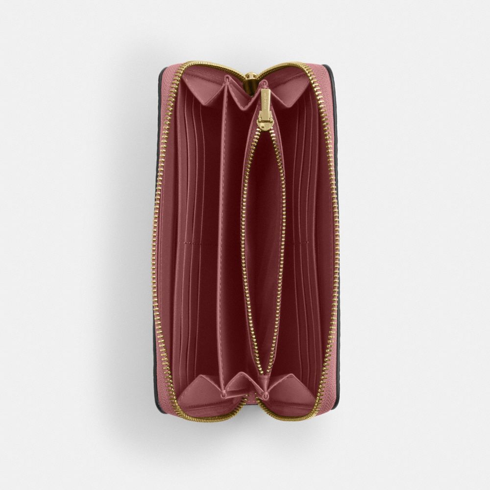 COACH®,Long Zip Around Wallet In Signature Leather,Leather,Wristlet,Continental,Metal,Logo,Pattern,Casual,Blush,Inside View,Top View