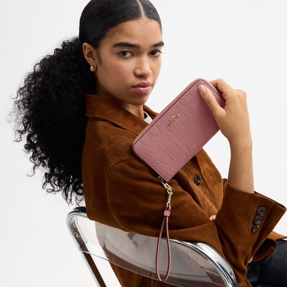 COACH®,Long Zip Around Wallet In Signature Leather,Leather,Continental,Wristlet,Metal,Pattern,Logo,Casual,Blush,Detail View