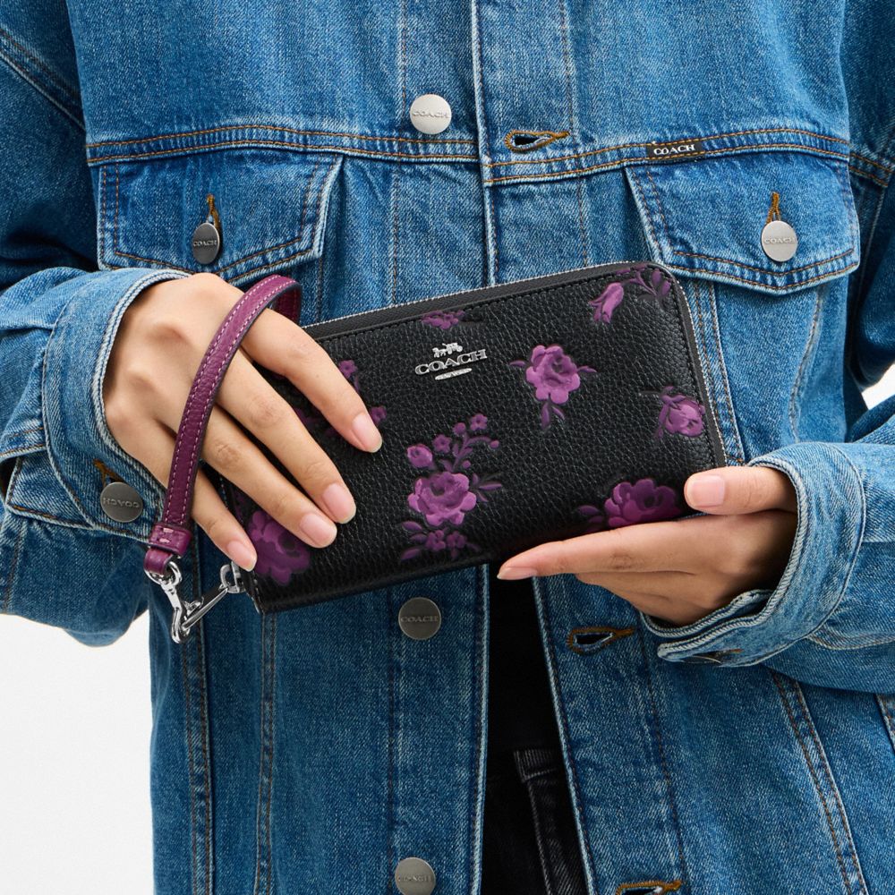 COACH®,Long Zip Around Wallet With Floral Print,Leather,Wristlet,Continental,Metal,Logo,Casual,Black,Detail View