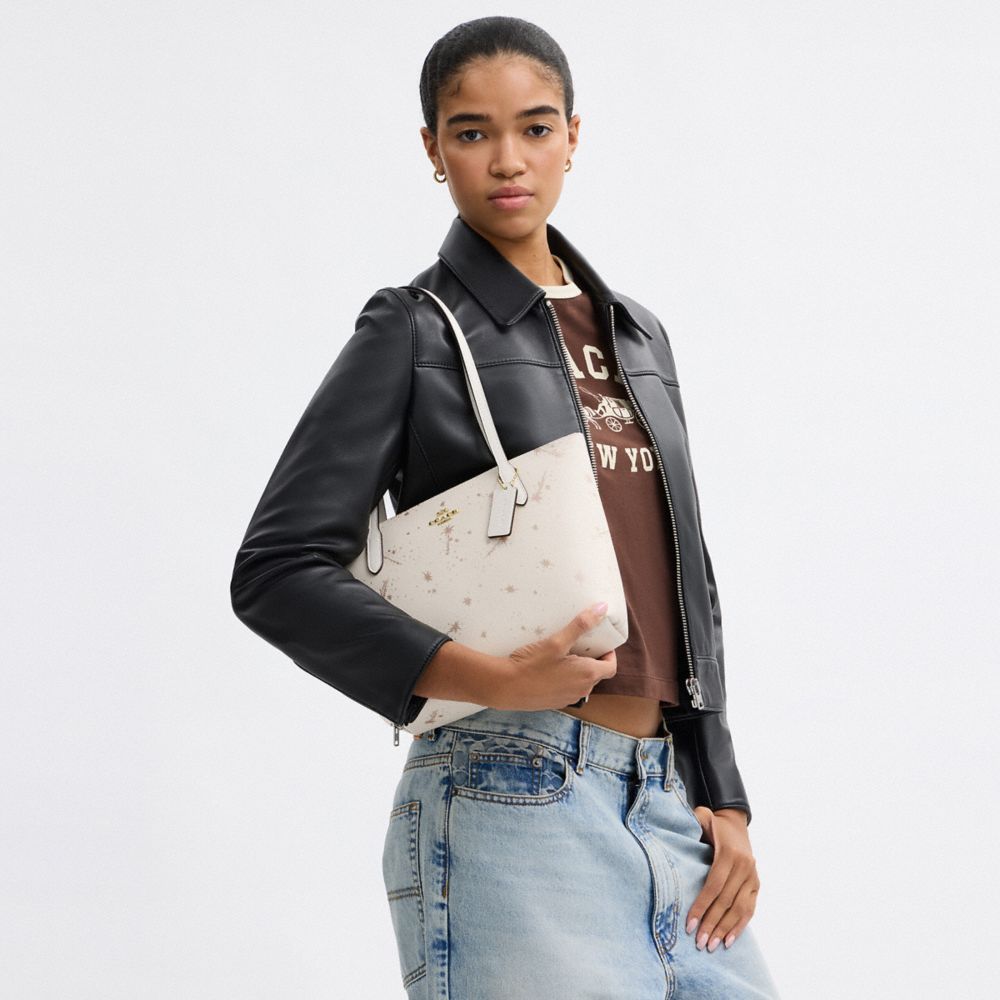 COACH®,Fiona Zip Tote Bag With Star Print,Leather,Canvas,Tote,Metal,Logo,Gold Metal,Casual,Cream,Detail View