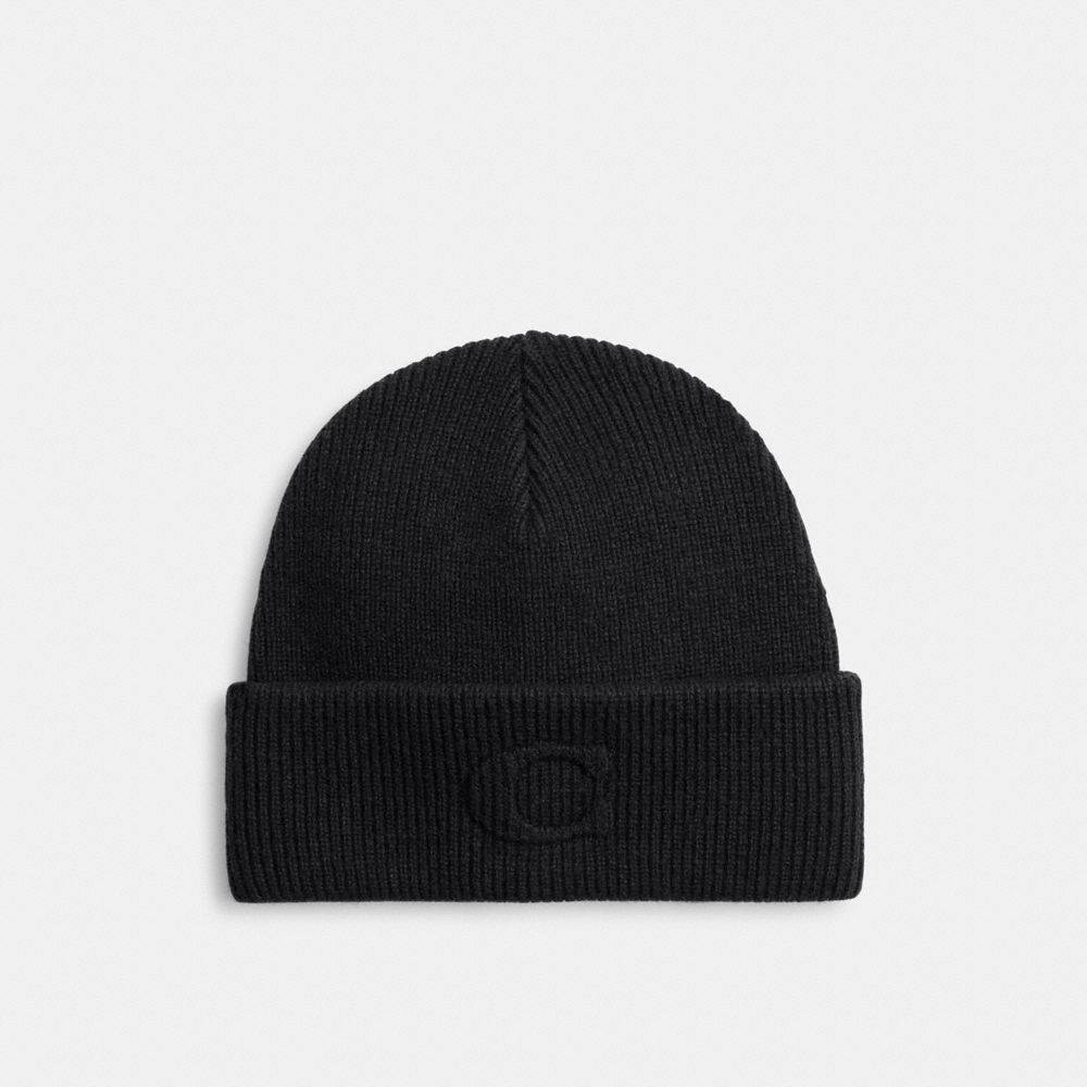 Coach Signature Embossed Knit Beanie In Black
