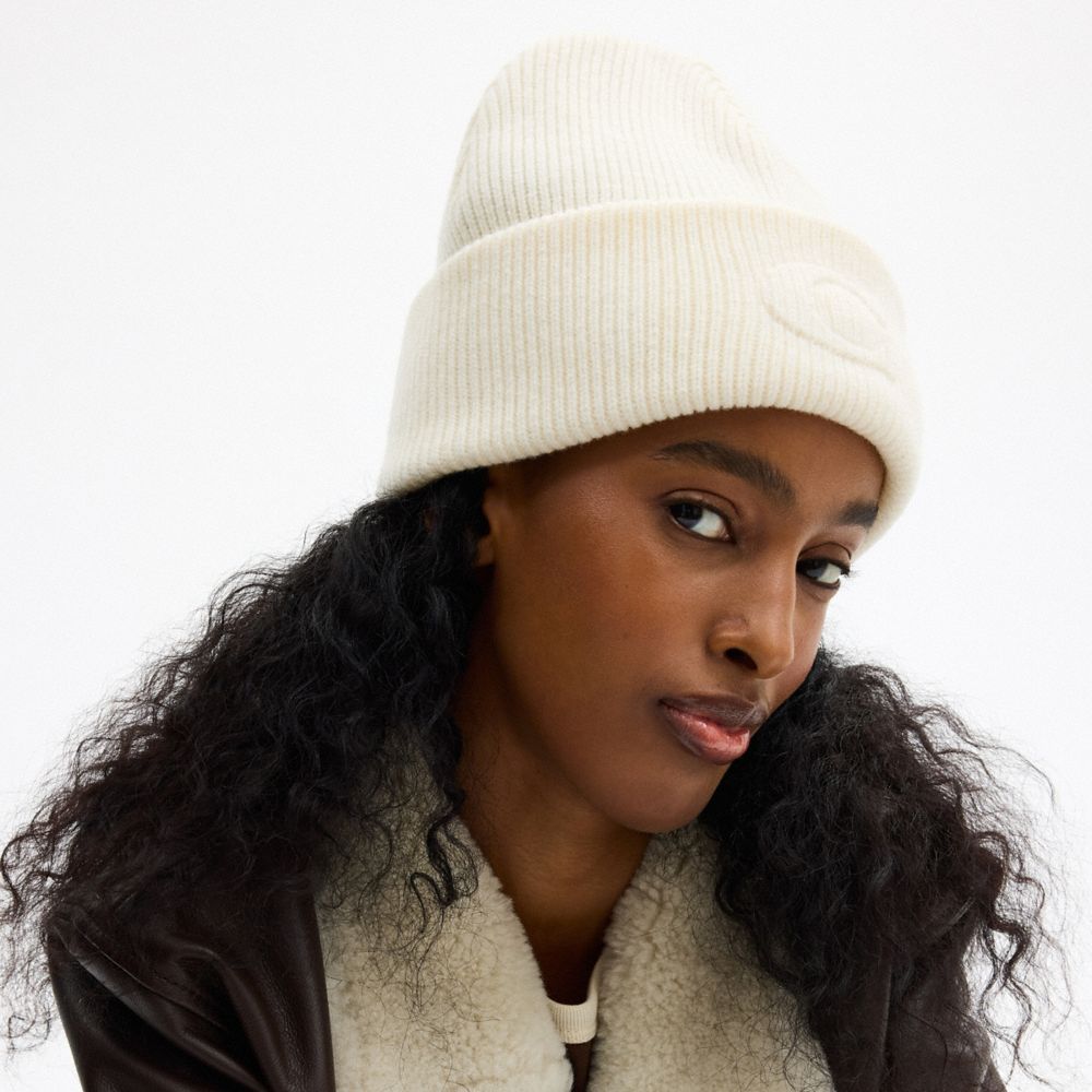 COACH®,Signature Embossed Knit Beanie,Cream,Detail View