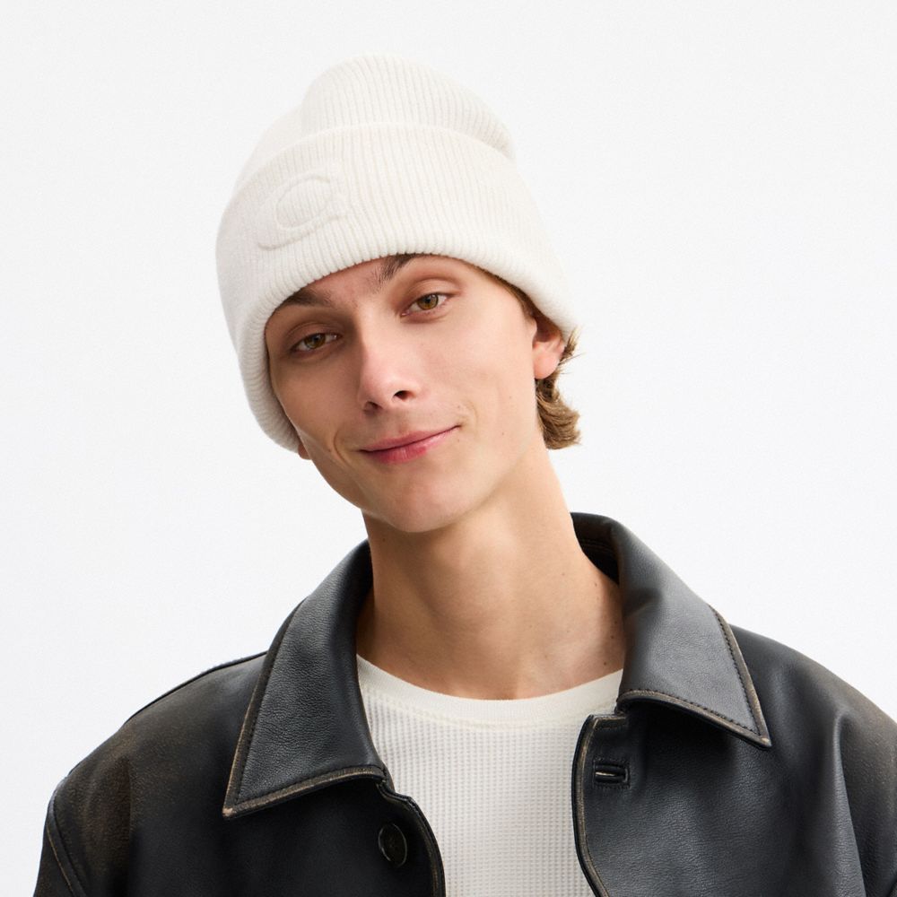 COACH®,Signature Embossed Knit Beanie,Cream,Angle View