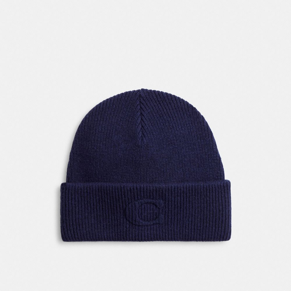 Coach Signature Embossed Knit Beanie In Blue