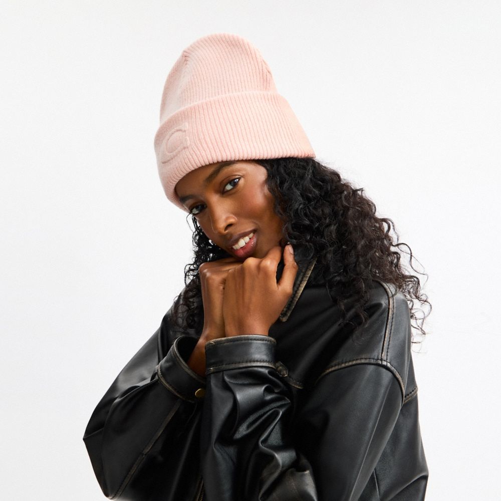 COACH®,Signature Embossed Knit Beanie,Pink,Detail View