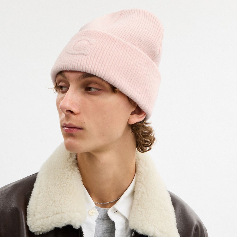COACH®,Signature Embossed Knit Beanie,Pink,Angle View